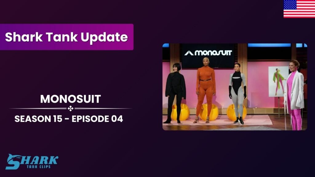 Shark Tank Season 15 Episode 4 update featuring Monosuit, with four models on stage showcasing innovative jumpsuits, and Monosuit logo displayed in the background.